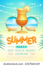 Summer disco party poster with round shaped sunglasses, tropic ocean landscape background and cocktail. Vector illustration.
