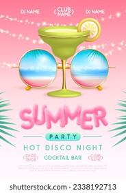 Summer disco party poster with round shaped sunglasses, tropic ocean landscape background and cocktail. Vector illustration.