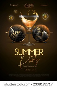 Summer disco party poster with round shaped sunglasses, fluorescent tropic leaves and cocktail. Vector illustration.