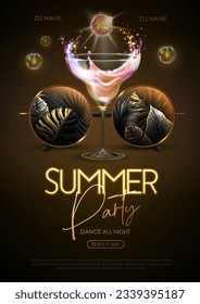 Summer disco party poster with round shaped sunglasses, fluorescent tropic leaves and cocktail. Vector illustration.