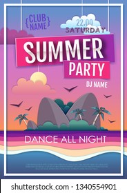 Summer disco party poster with sea beach and island. Paper cut out art design
