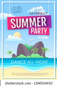 Summer disco party poster with sea beach and island. Paper cut out art design