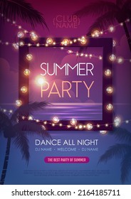 Summer disco party poster with tropic leaves and string of lights. Summer background. Vector illustration