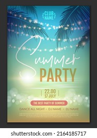 Summer disco party poster with tropic leaves and string of lights. Summer background. Vector illustration