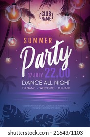 Summer disco party poster with tropic leaves and string of lights. Summer background. Vector illustration