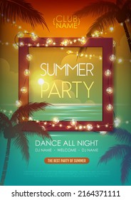 Summer disco party poster with tropic leaves and string of lights. Summer background. Vector illustration