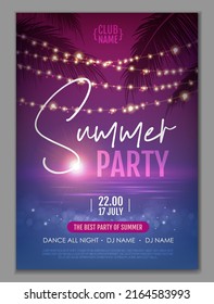 Summer disco party poster with tropic leaves and string of lights. Summer background. Vector illustration