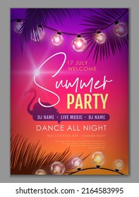 Summer disco party poster with tropic leaves and string of lights. Summer background. Vector illustration