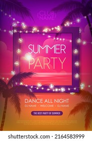 Summer disco party poster with tropic leaves and string of lights. Summer background. Vector illustration