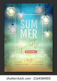 Summer disco party poster with tropic leaves and string of lights. Summer background. Vector illustration