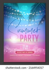 Summer disco party poster with tropic leaves and string of lights. Summer background. Vector illustration