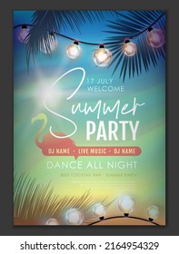 Summer disco party poster with tropic leaves and string of lights. Summer background. Vector illustration