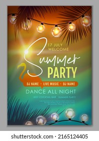 Summer Disco Party Poster With Tropic Leaves And String Of Lights. Summer Background. Vector Illustration