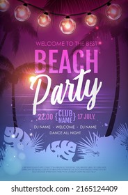 Summer disco party poster with tropic leaves and string of lights. Summer background. Vector illustration