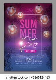 Summer disco party poster with tropic leaves and string of lights. Summer background. Vector illustration