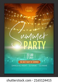 Summer disco party poster with tropic leaves and string of lights. Summer background. Vector illustration