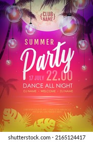 Summer Disco Party Poster With Tropic Leaves And String Of Lights. Summer Background. Vector Illustration