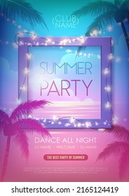 Summer disco party poster with tropic leaves and string of lights. Summer background. Vector illustration