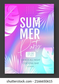 Summer Disco Party Poster With Tropic Leaves On Holographic Flow Background. Summer Background. Vector Illustration