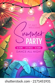 Summer disco party poster with tropic leaves and string of lights. Summer background. Vector illustration