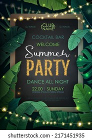 Summer disco party poster with tropic leaves and string of lights. Summer background. Vector illustration