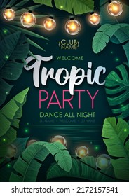 Summer disco party poster with tropic leaves and string of lights. Summer background. Vector illustration