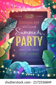 Summer disco party poster with tropic leaves and string of lights. Summer background. Vector illustration