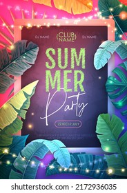 Summer disco party poster with tropic leaves and string of lights. Summer background. Vector illustration
