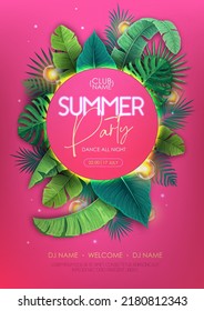 Summer disco party poster with tropic leaves and electric lamps. Summer tropic leaves background. Vector illustration