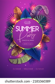 Summer disco party poster with tropic leaves and electric lamps. Summer tropic leaves background. Vector illustration