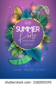 Summer disco party poster with tropic leaves and electric lamps. Summer tropic leaves background. Vector illustration