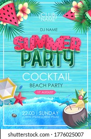 Summer disco party poster with watermelon and tropic leaves. Vector illustration