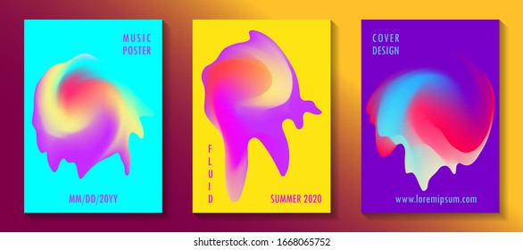 Summer disco party posters, colorful fluid liquid shapes. Club night vivid flyers. Abstract gradients fluid shapes backgrounds for covers. Contrast colors. Music party banners, bright disco posters.