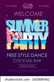 Summer disco party typography poster with beach and ocean waves. Cut out paper art style design