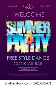 Summer disco party typography poster with beach and ocean waves. Cut out paper art style design