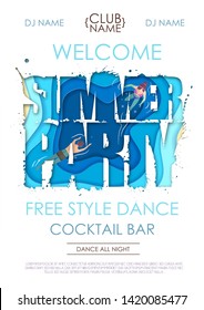 Summer disco party typography poster with beach and ocean waves. Cut out paper art style design