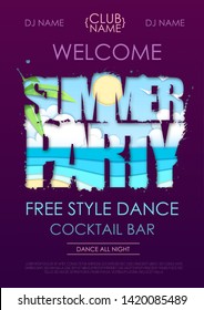 Summer disco party typography poster with beach and ocean waves. Cut out paper art style design