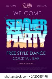 Summer disco party typography poster with beach and ocean waves. Cut out paper art style design