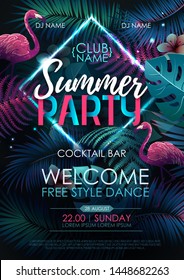 Summer Disco Party Typography Poster With Flamingo And Fluorescent Tropic Leaves. Nature Concept