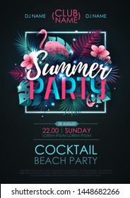 Summer disco party typography poster with flamingo and fluorescent tropic leaves. Nature concept