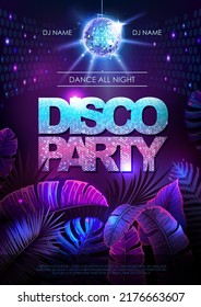 Summer disco party typography poster with fluorescent tropic leaves. Nature concept. Summer background. Vector illustration