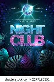 Cartel de tipografía de la fiesta de verano en la discoteca con hojas tropicales fluorescentes. Concepto de naturaleza. Fondo de verano. Ilustración del vector