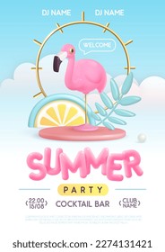 Summer disco party typography poster with 3D plastic text, flamingo and tropic leaves. Vector illustration