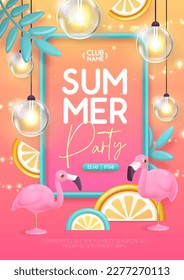 Summer disco party typography poster with 3D plastic flamingo, electric lamps and tropic leaves. Vector illustration