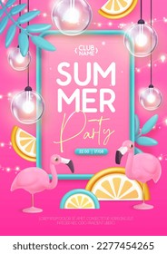 Summer disco party typography poster with 3D plastic flamingo, electric lamps and tropic leaves. Vector illustration