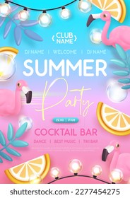 Summer disco party typography poster with 3D plastic flamingo, electric lamps and tropic leaves. Vector illustration