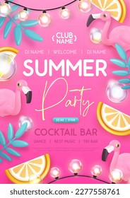 Summer disco party typography poster with 3D plastic flamingo, electric lamps and tropic leaves. Vector illustration