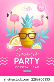 Cartel de tipografía de la fiesta de verano en la discoteca con piña de plástico 3D, flamingo y frutas tropicales. Ilustración del vector