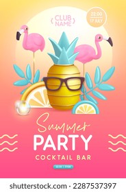 Sommerdisco-Typografie-Poster mit 3D-Plastikananas, Flamingo und tropischen Früchten. Vektorgrafik