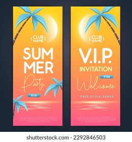 Summer disco party typography poster with 3D plastic palm trees and tropic landscape. Invitation design. Vector illustration